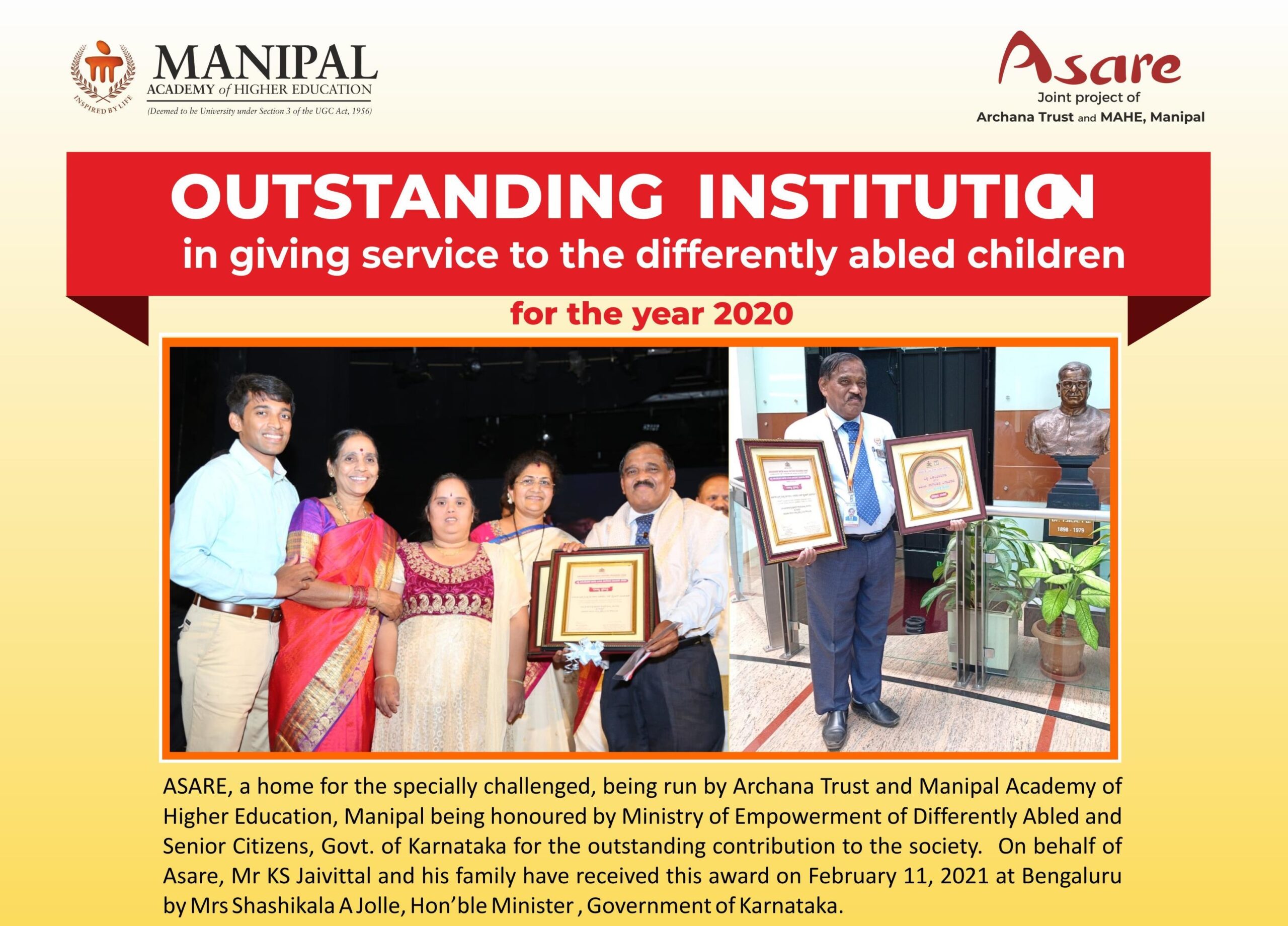 ASARE receives outstanding recognition Award from Government of Karnataka